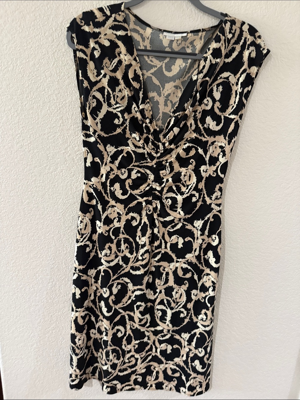 London Times Black and Beige Swirl Cowl-Neck Midi Dress